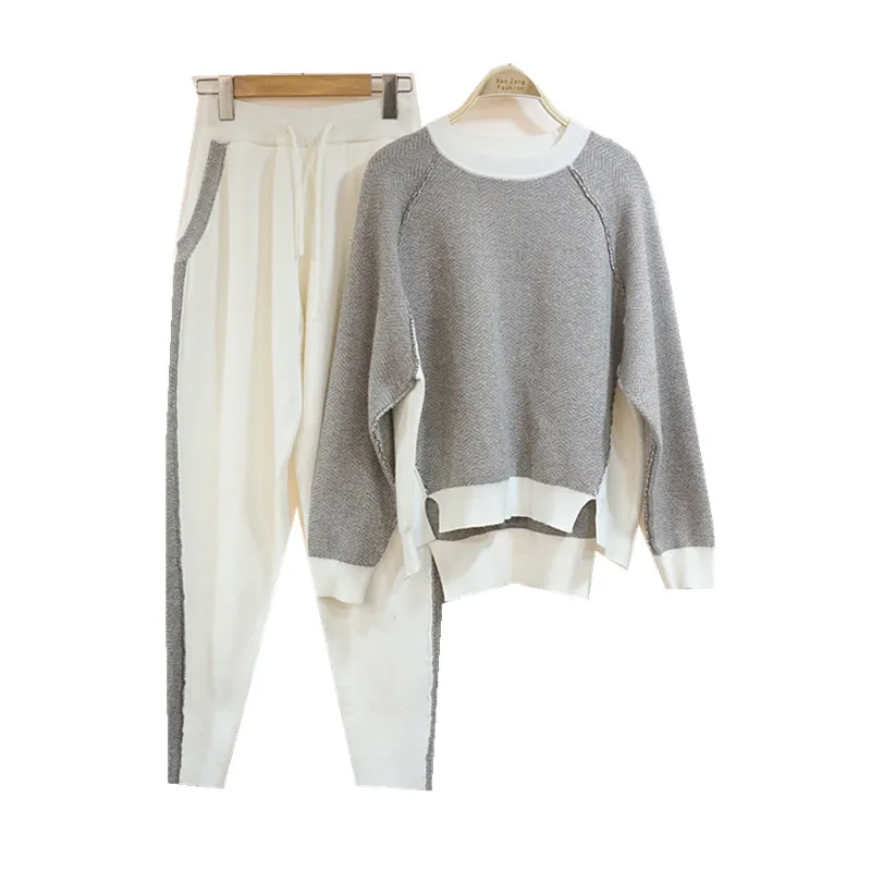 Femmes Haut Costume Vison rose Coton Cachemire Hiver Du Couleur Tricoté Pièces Deux Kaki Ras Nouveau De Chandail pu Mode D'hiver Ciel gris Pédicure Gamme Pantalon blanc Cou zSn0dqx