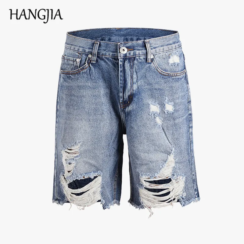 

Mens Ripped Denim Shorts Streetwear Distressed Jeans Men Blue Knee Pleated Washed Hole Straight Jeans Short All Match