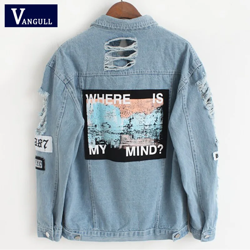 amazing  Women Frayed Denim Bomber Jacket Appliques Print Where Is My Mind Lady Vintage Elegant Outwear Autu