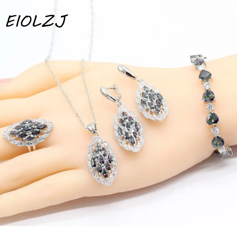 

Silver 925 Jewelry Sets For Women's Anniversary Wedding Geometric Multicolor Crystal Earring Set Necklace Ring Earrings Bracelet