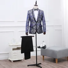 Blue Printed Single Breasted Dress Suit for Men Casual England Style 2 Piece Suits Men Coat Pant Blue Mens Suit