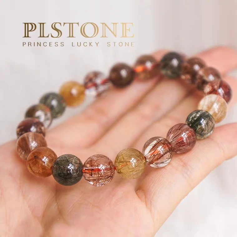 

Top Quality Natural Copper Rutilated Quartz Colorful Crystal Bracelet Woman Man Round Beads Reiki Stone Fashion 10mm 11mm AAAAA