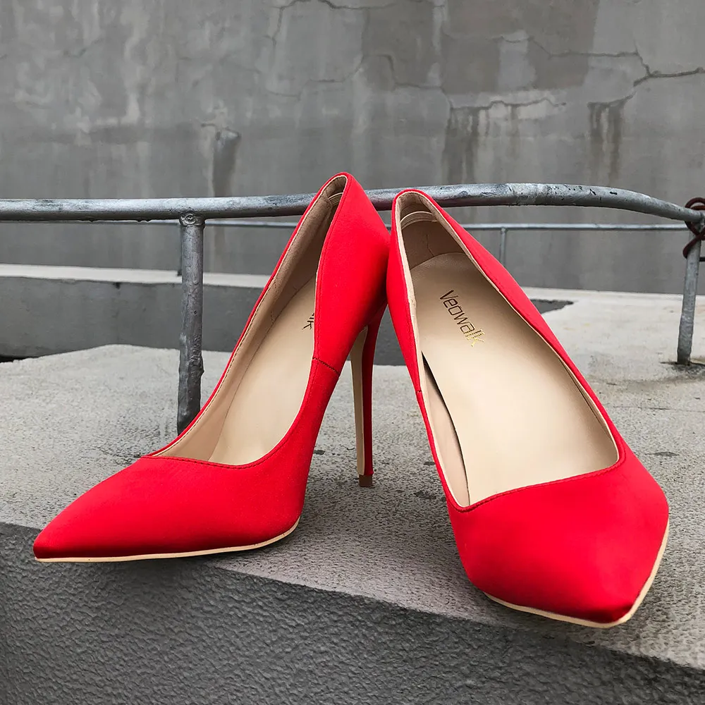Veowalk/пикантные женские туфли на высоком каблуке с острым носком из красного Шелкового сатина; элегантные женские свадебные туфли-лодочки на шпильке; Индивидуальный заказ