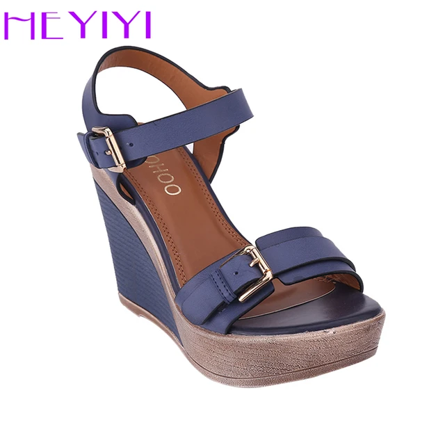 HEYIYI Shoes Women Sandals Platform Wedges High Heels Strap Solid Buckle Strap PU Leather Soft Insole Blue Lightweight Shoes