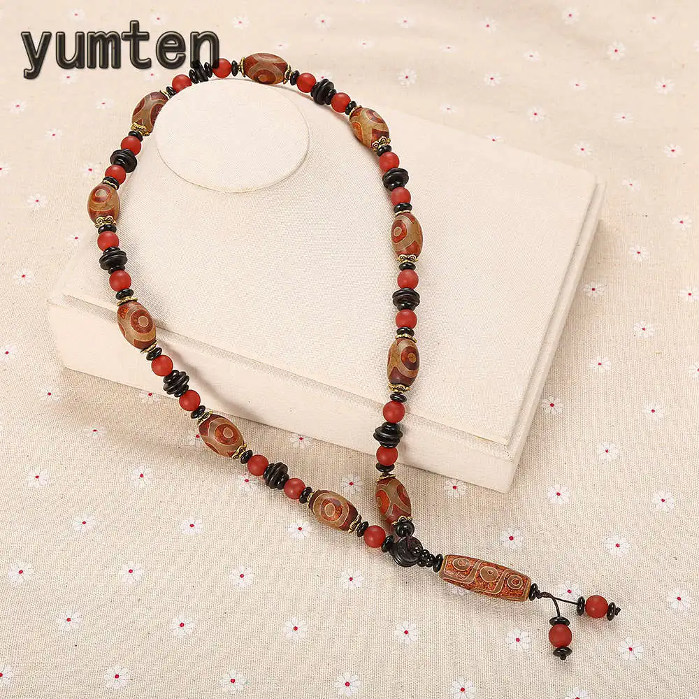 

Yumten Buddhism Necklaces Women Long Chains Agate Pendant Jewelry Men Religious Accessories Geometric Beaded Chain Black Spacer