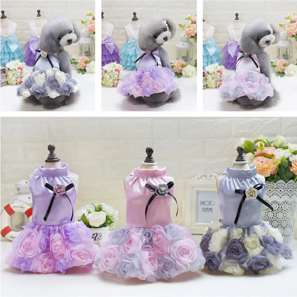 

2019 Summer Pet Chihuahua Clothes Pink Purple Lace Rose Dress Skirt Dogs Princess Dresses Wedding Dress For Small Dog Clothing