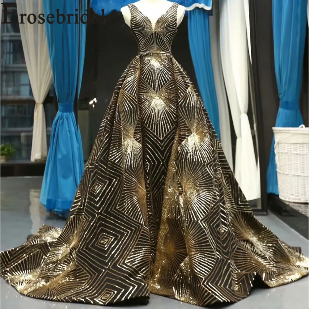 Erosebridal Роскошные золотое платье для выпускного вечера Длинные благородный линии Формальные для женщин Вечеринка платье с длинным шлейфом кружево на спине