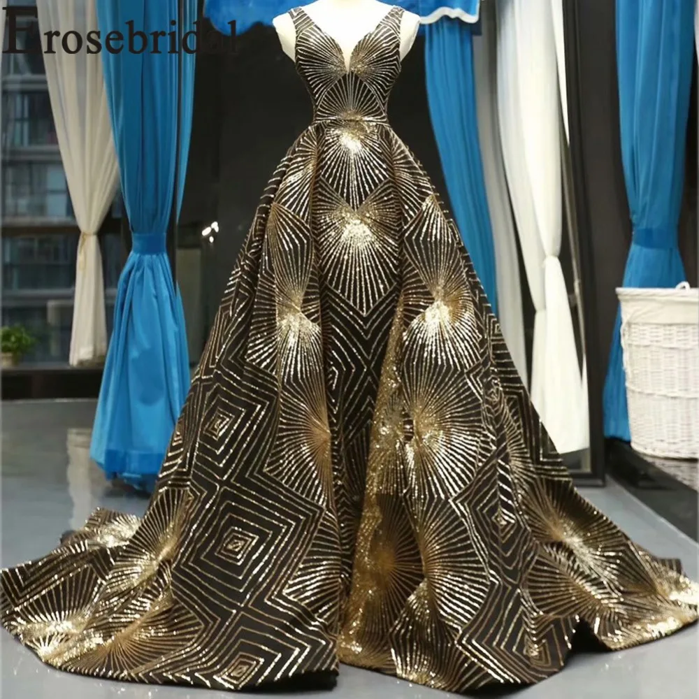 

Erosebridal Luxury Gold Prom Dress Long 2019 Noble A Line Formal Women Evening Party Gown with Long Train Lace Up Back