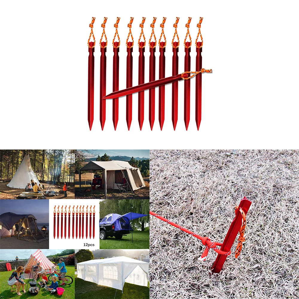 

12PCS Tent Lightweight Aluminium Alloy Tent Peg Nail Stake Camping Hiking Tent Stakes Rope with Rope Camping Equipment Outdoors