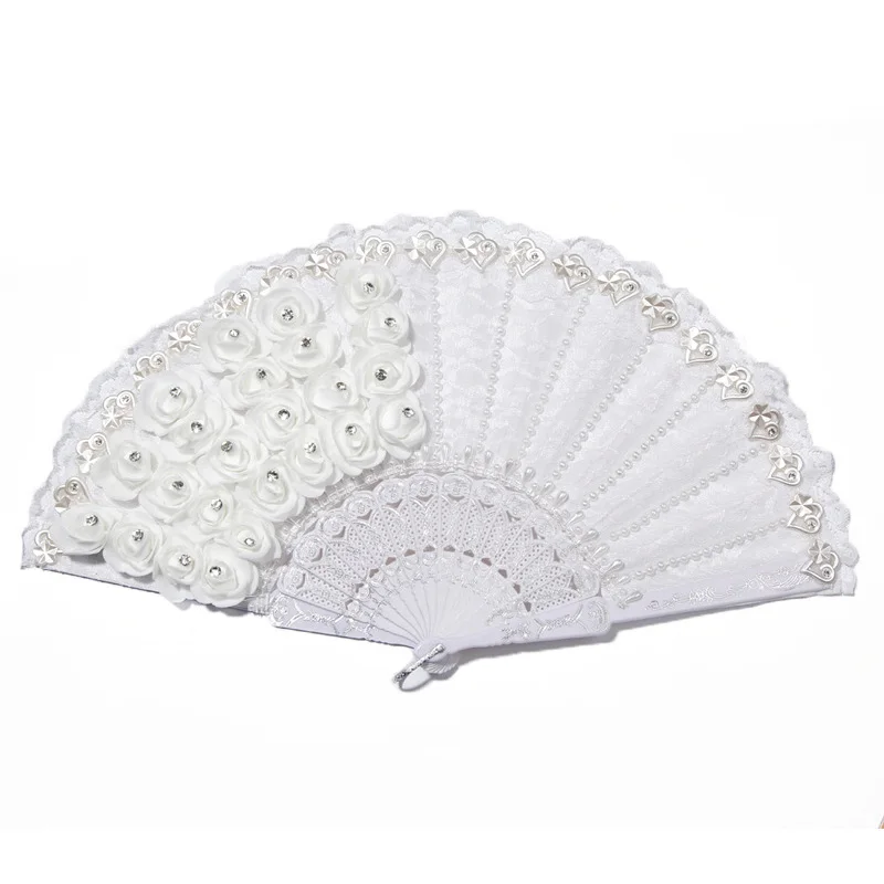 

Rose Feather Pattern Folding Dance Wedding Party Lace Silk Folding Hand Held Solid Color Fan Pocket Gifts