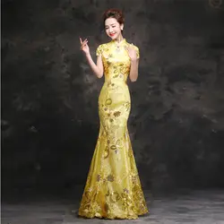 Винтаж Женский длинный тонкий платье русалки Vestidos воротник стойка китайский Cheongsam элегантный шоу на сцене Qipao провечерние м платья