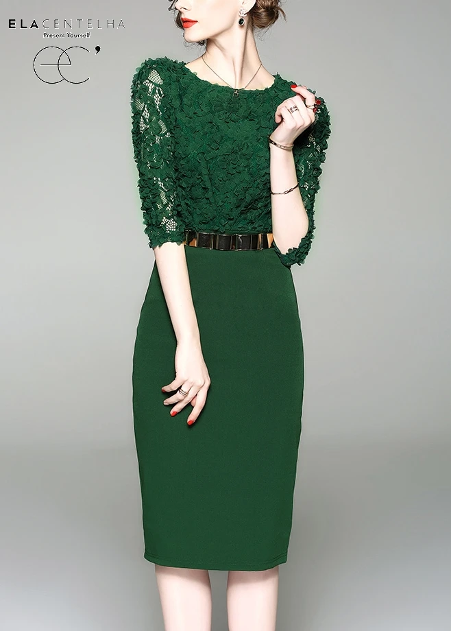 ElaCentelha Women Dress 2018 Office Lady Half Sleevele Knee Length O-Neck Collar Summer New Fasion Appliques Pencil Dress