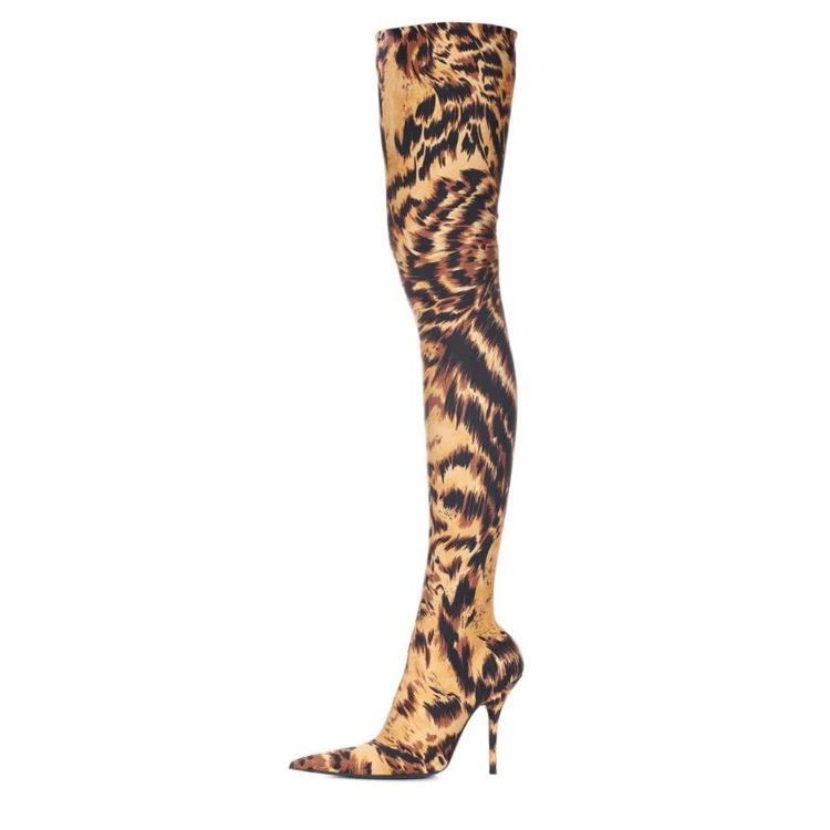Золотистые блестящие эластичные носки с блестками; высокие сапоги; женские пикантные туфли на высоком каблуке-шпильке с острым носком для вечеринок; женские сапоги до бедра - Цвет: Leopard long