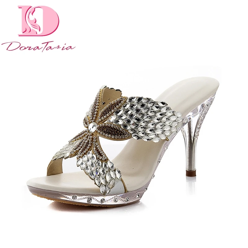 Doratasia New Brand Genuine Leather Thin High Heels Print Summer Mules Pumps Shoes Women Sexy Crystals Party Woman Shoes bonjomarisa 2018 summer brand sexy women mules print patent leather pumps crystal high heels party wedding shoes woman
