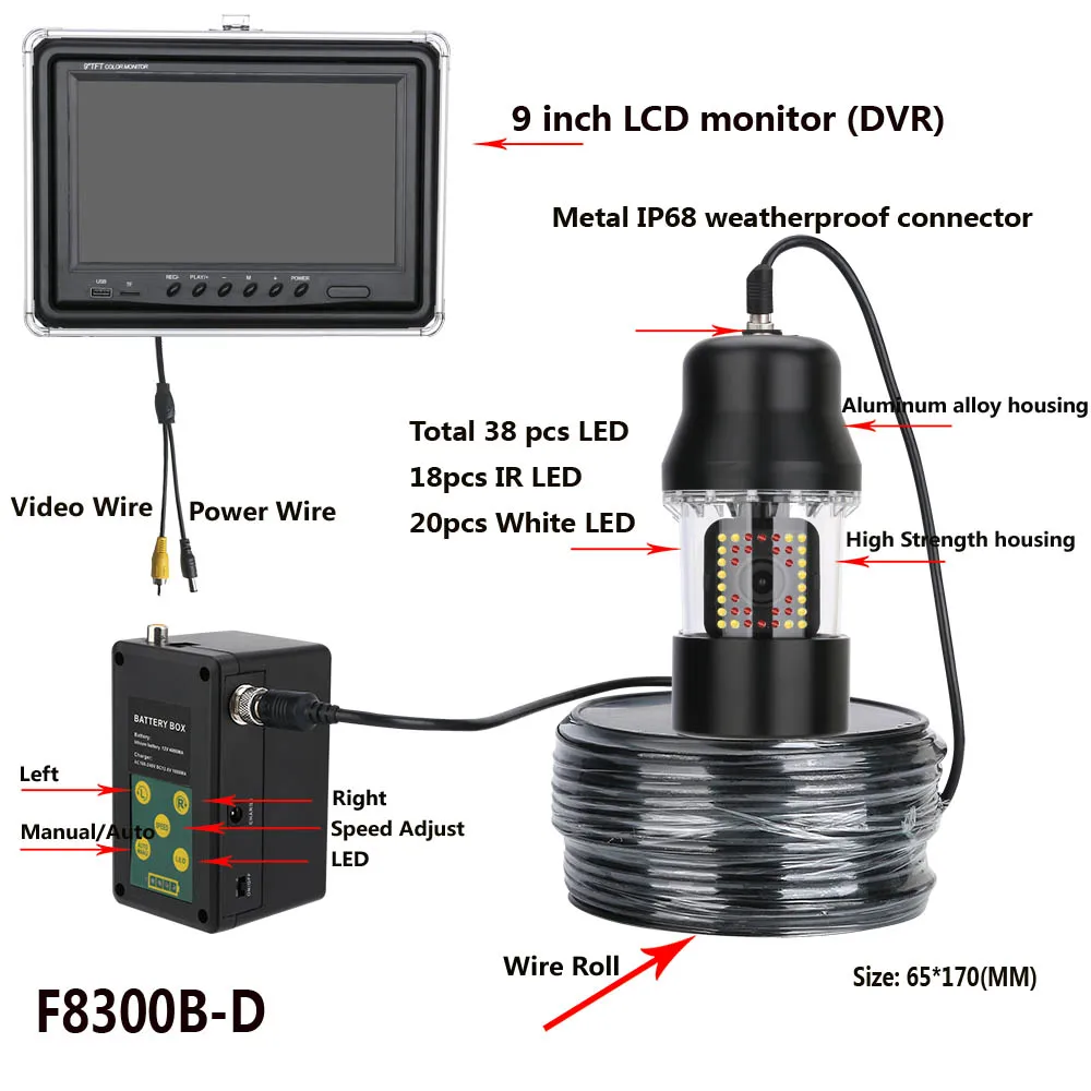 Câmera de Vídeo Subaquática de Pesca Graus de Rotação da Câmera à Prova Polegada Gravador m Fish Finder Ip68 38 Leds 360 d' Água 9 Dvr 20 5 9 Polegada Gravador DVR 20 m Câmera