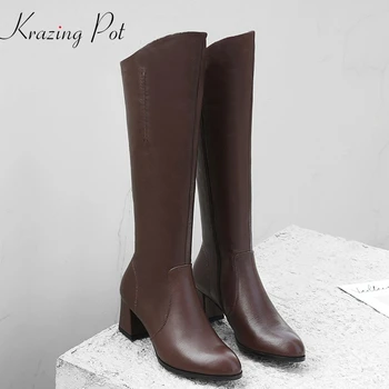 

Krazing Pot Winter genuine leather zipper fashion boots high heels streetwear movie star gentle women riding mid-calf boots L90