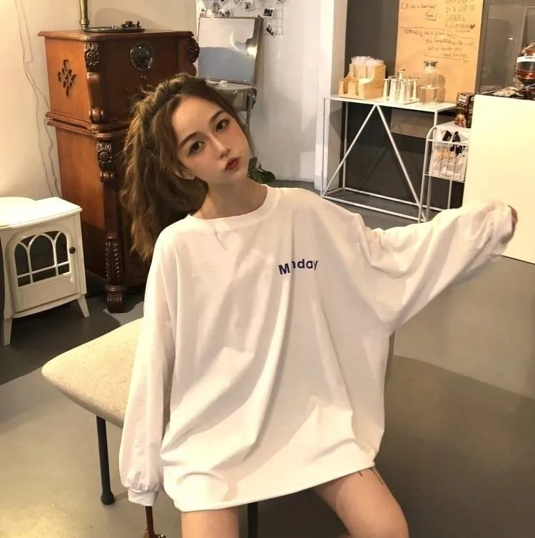 T-shirts Women Spring Korean Style Loose Harajuku All-match Womens Print O-Neck Full Sleeve Female Leisure Trendy Comfortable