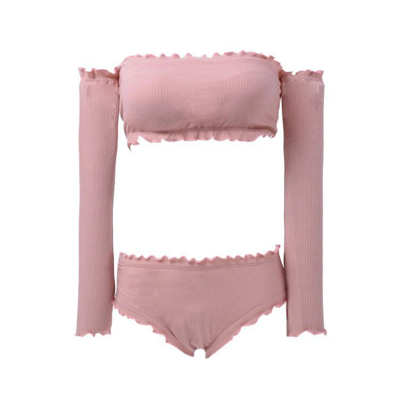 Two-Piece Solid Off Shoulder Long Sleeves Bikini Young Girls Ruffled Low Waist Sexy Swimwear Bikini Beachwear Bathing Suit  (4)