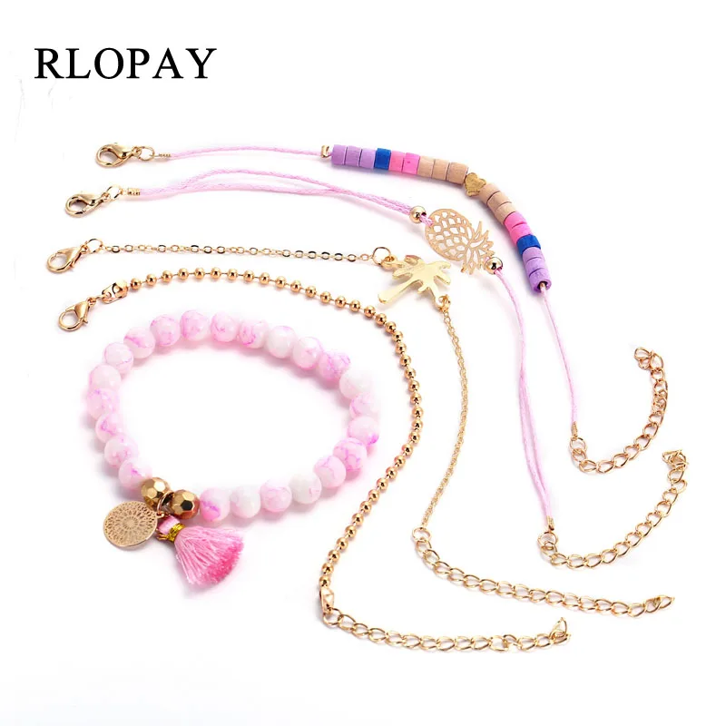 

RLOPAY Personality 5 pieces Bracelet Sets for Women Natural Stone Pineapple Bangle Pink Tassel Bracelet Jewelry Wholesale
