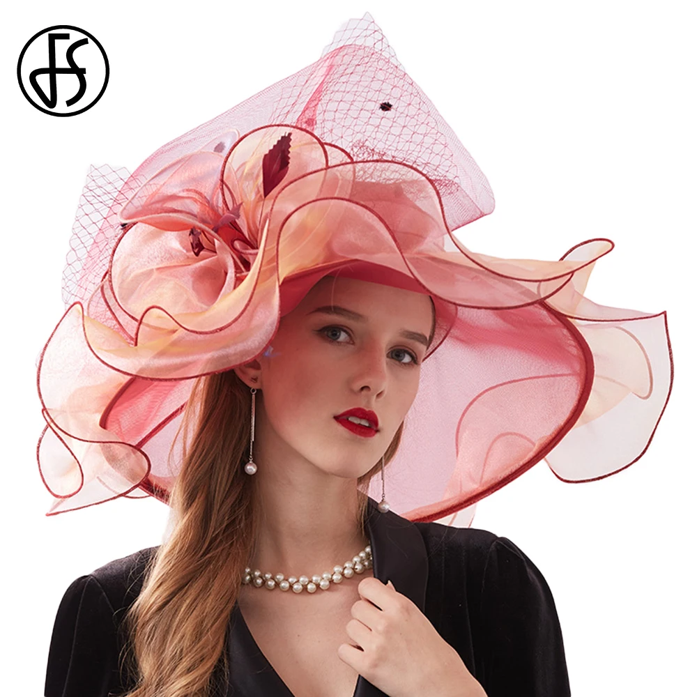 

FS Fascinator Kentucky Tea Party Hat Wedding Church Dress Women Sun Hats Elegant Organza Ladies Large Wide Brim Vintage Fedoras