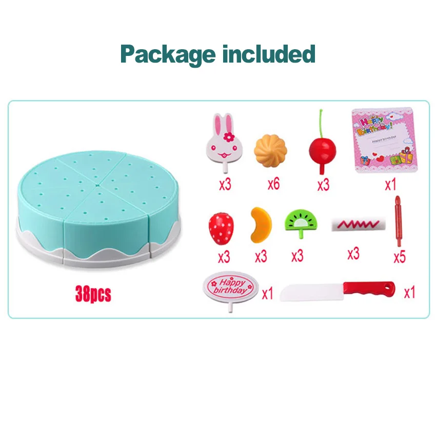 38Pcs 15cm Pretend Play DIY Birthday Cake Cutting Food Toy with Fruits Candle Set Play House toy kitchen Toys Gift for Kids Girl