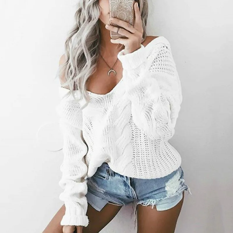 

2018 spring Knitted Sweater Women Autumn White Pullover Sweater Sexy Deep v Neck Long Sleeve Jumpers Pull women over size pink