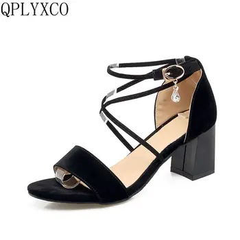 

QPLYXCO New fashion Big Size 32-46 Women Sandals Summer Ankel Strap open toe High Heels Party Wedding Shoes Woman Footwear 88-16