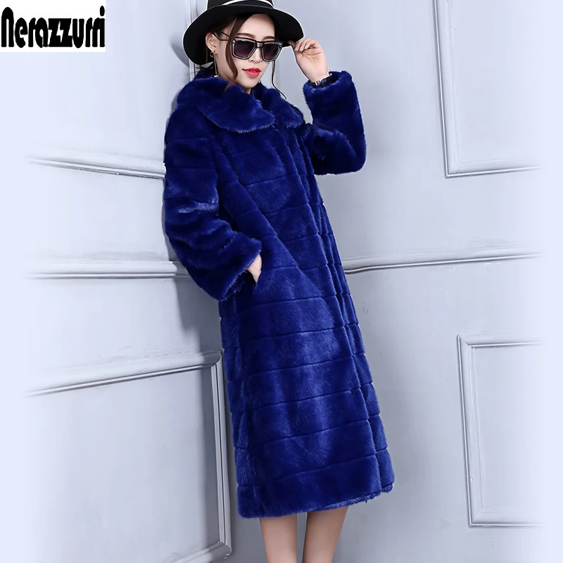 

Nerazzurri Winter vintage faux fur coat women long sleeve turn down collar fluffy Royal blue plus size fake fur outwear 5xl 6xl