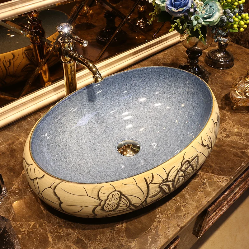 Oval shape China Artistic Europe Style Counter Top porcelain wash basin bathroom sinks ceramic art vessel sink (1)