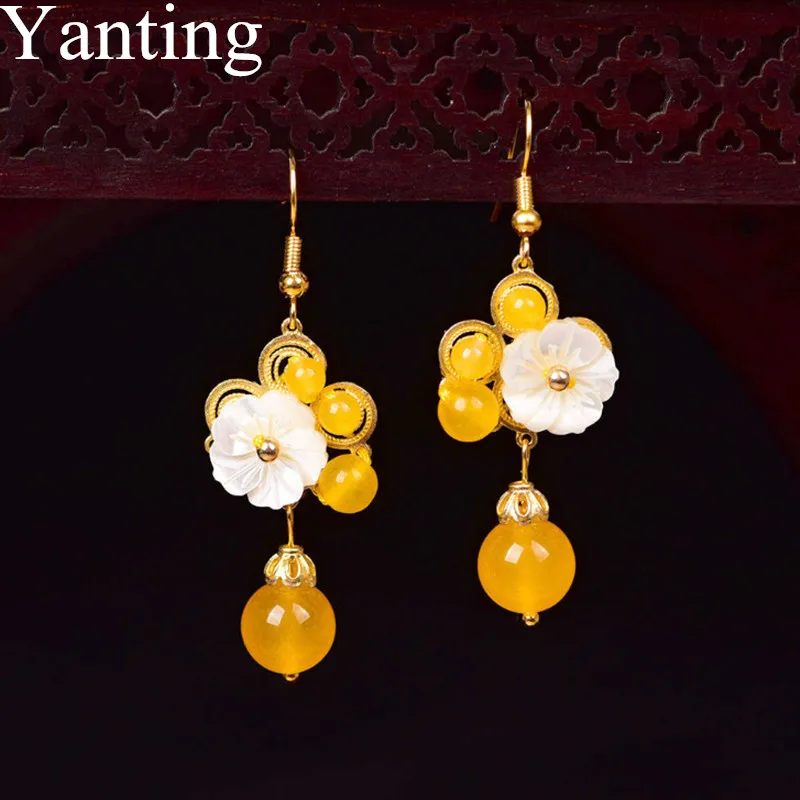 

Yanting Luxury Palace Earrings For Women Vintage Handmade Statement Earring Jewelry Ethnic Yellow Chalcedony Women Earring 0416