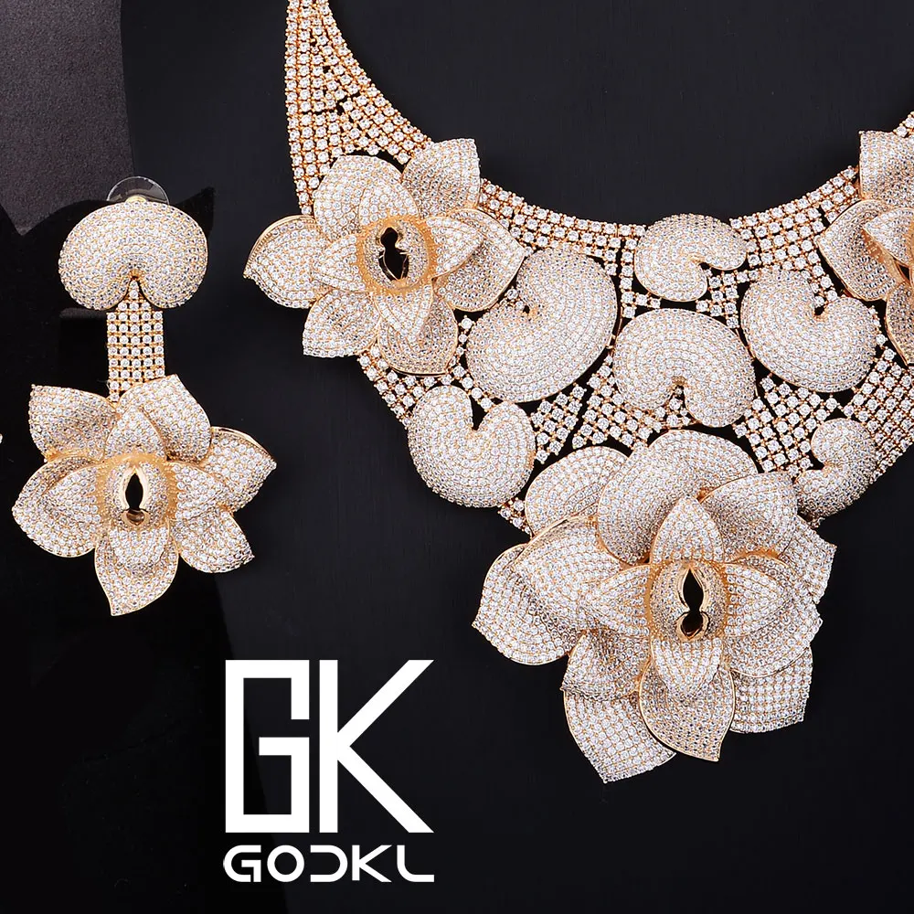 GODKI Роскошный цветок каннибала кубический цирконий нигерийский Свадебный набор украшений для женщин Дубай золотые ювелирные наборы индийский ювелирный набор