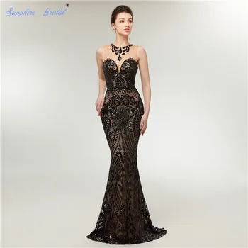 

Sapphire Bridal Arabic Robe De Soiree Sequined Lace Long Sexy Mermaid Evening Gowns White Gold Black Sparkly Formal Party Gowns