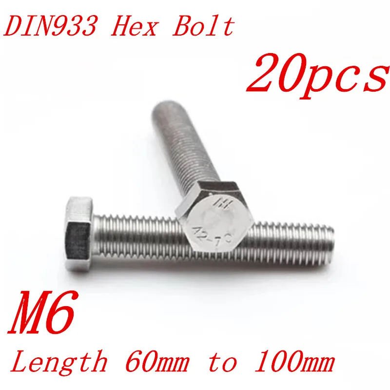 20 шт. DIN933 M6 * 60/65/70/80/90/100 6 мм 304 шестигранный болт из нержавеющей стали |