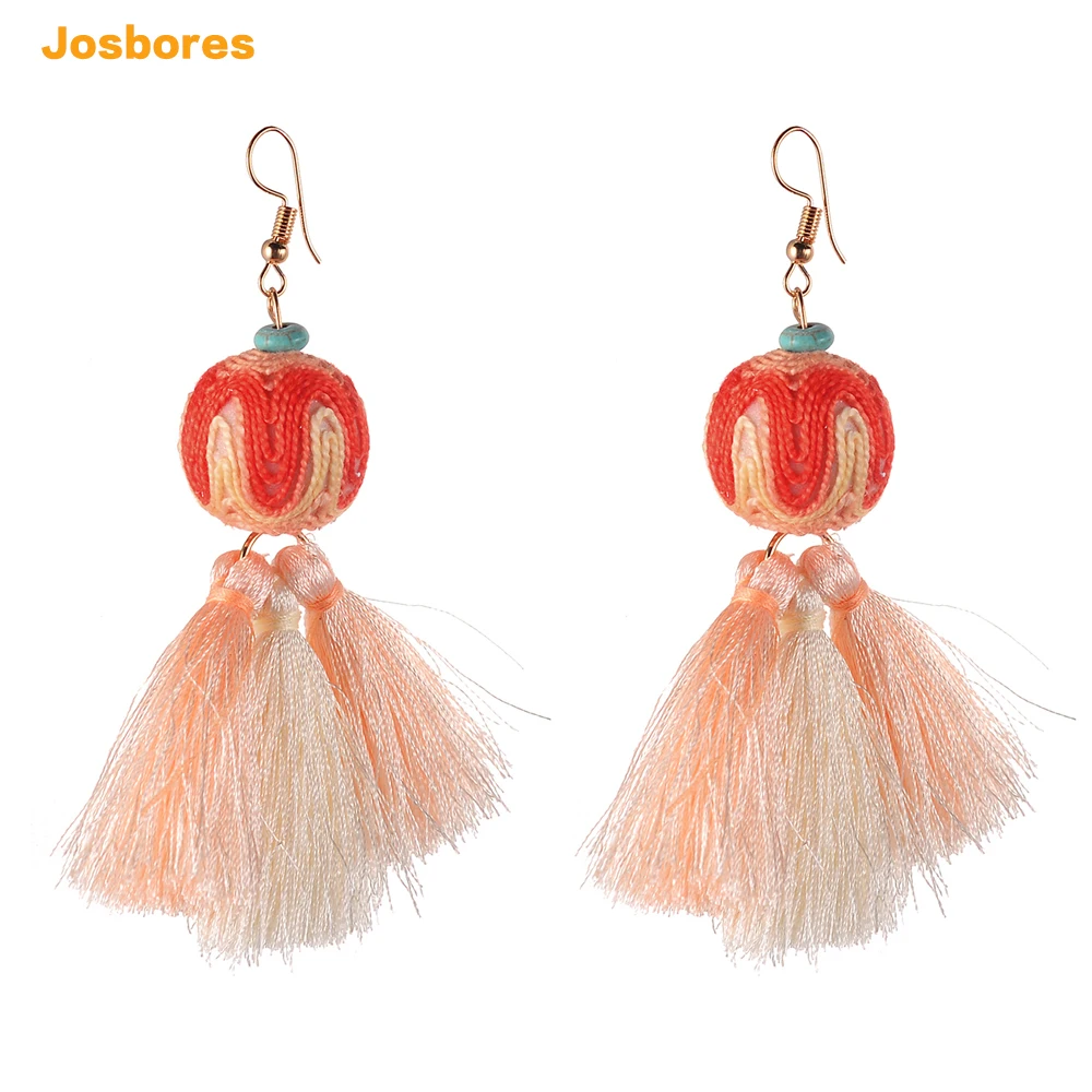 Handmade Cotton Tassel Pom Pom Dangling Earrings for Women Vintage Maxi