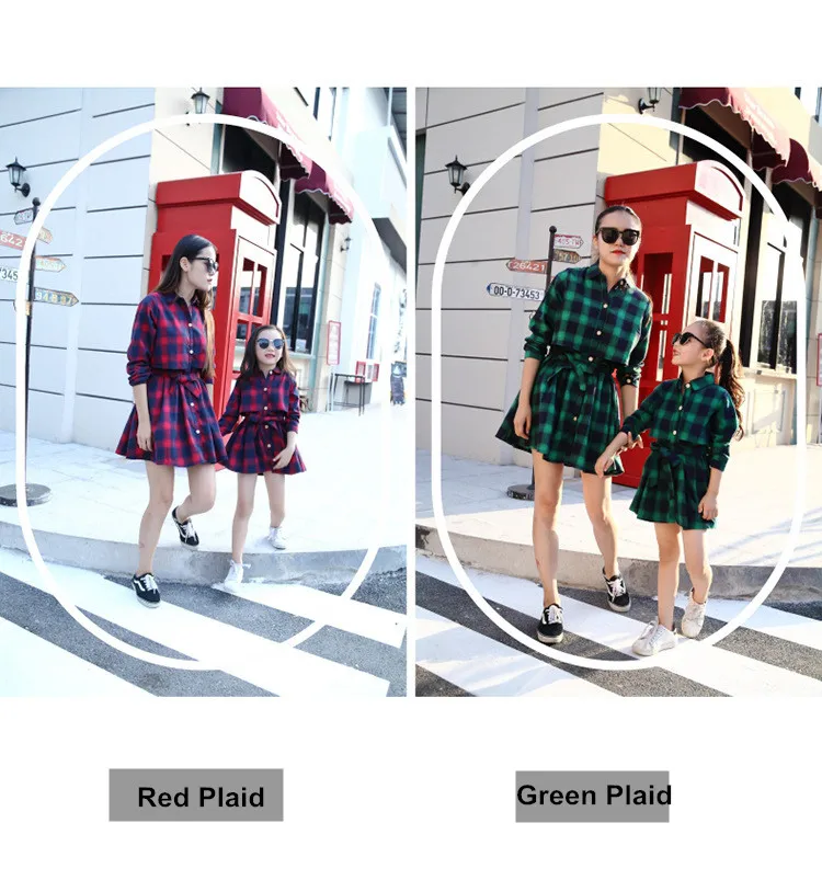  Mother Daughter Family Matching Long Sleeve Red Green Plaid Dress