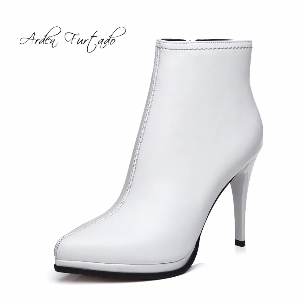 

Arden Furtado 2017 winter genuine leather white ankle boots shoes for woman high heels fashion shoes zipper short boots stiletto