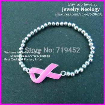 

30PCS New Style Fashion Charm Tiny Bead Stretch Bracelet Pink Enamel Ribbon Breast Cancer Awareness Sign Bracelet Girl Gift