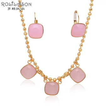 

ROLILASON Brand design gold tone Pink Crystal Jewelry Sets Earrings Necklace fixed pendant Fashion Jewelry JSS592