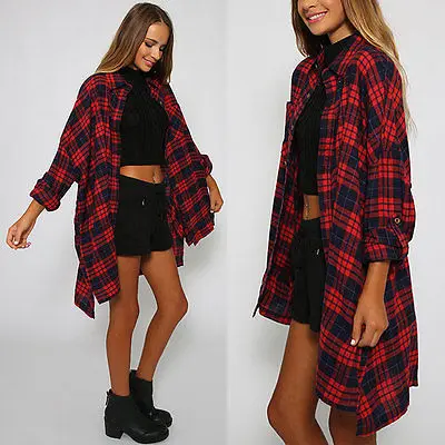 

2016 New Women Casual Shirts Loose Long Sleeve Cotton Red Plaid Shirt Long