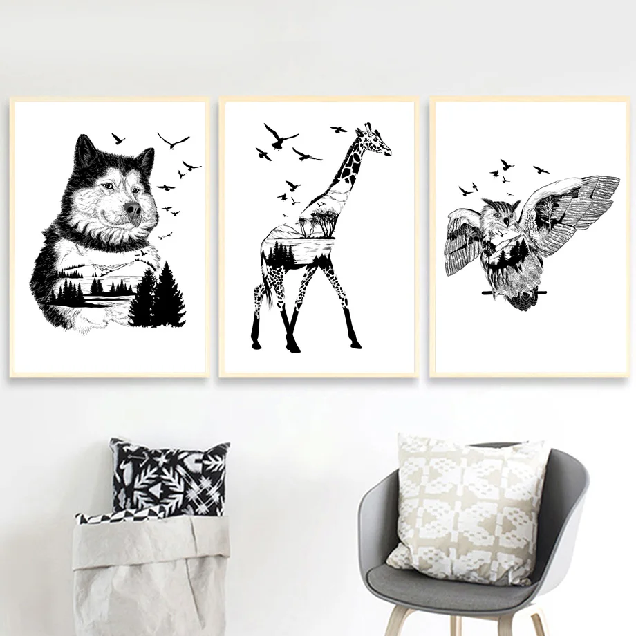 

Black White Giraffe Eagle Wolf Mountain Nordic Posters And Prints Canvas Painting Animal Abstract Wall Pictures Kids Room Decor