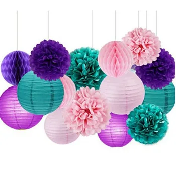 

15pcs Paper Pom Purple Teal Pink Lanterns for Bridal Shower Wedding Birthday Mermaid Hanging Lantern Birthday Party Decoration