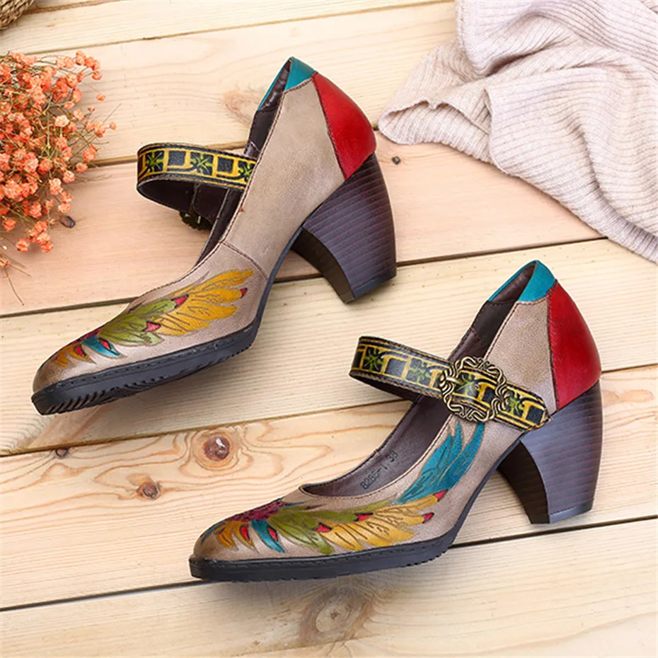 Vintage Printed Pumps Women Shoes Genuine Leather Block High Heels Ankle Buckle Strap Mary Janes Shoes Woman Retro Heels Zapato (5)