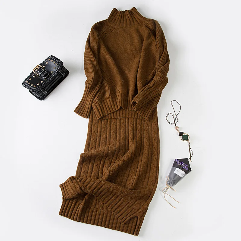 

Autumn And Winter Fashion Korean Women Sweater Knit Dress Slit Skirt Suit Two-Piece Cashmere Sweater Authentic Free Shipping
