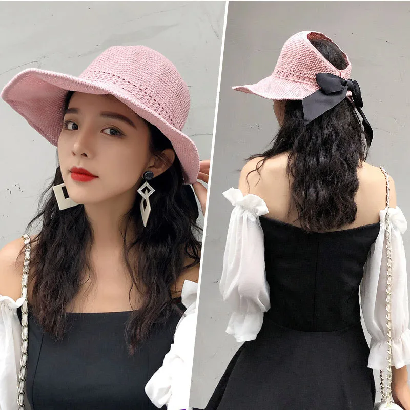 

Foldable Beach Hat Women's Summer Holiday Outings Sunscreen Beach Hats Handwoven Butterfly-knotted Sports Straw Cap