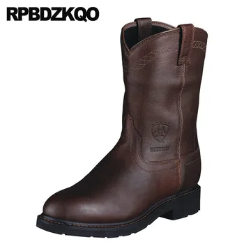 

Autumn Brown Slip On Full Grain Leather Chunky Tall Footwear Boots Plus Size Designer Shoes Men High Quality Mid Calf Vintage