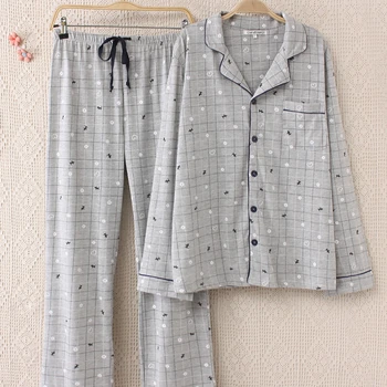 

2019 Spring New Men's Pajama Set Long Sleeve Nightgown Turn-down Collar Plaid Pajama Mansleepwear Pajamas Men Pijama Set Pyjamas