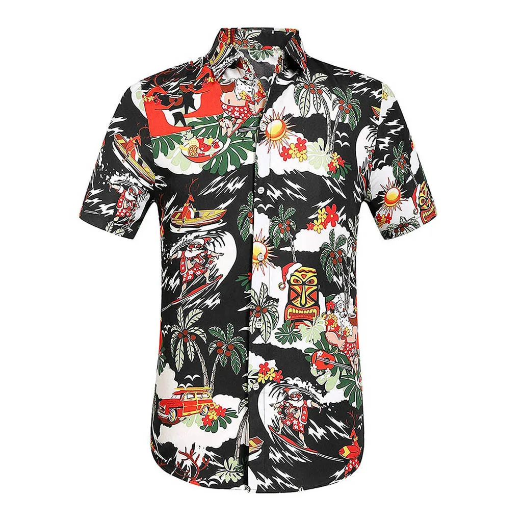 Мужская Повседневная рубашка с цветочным принтом, рубашка на пуговицах с коротким рукавом, гавайский Топ, блуза, рубашки, мужские рубашки, Гавайские рубашки - Цвет: Черный