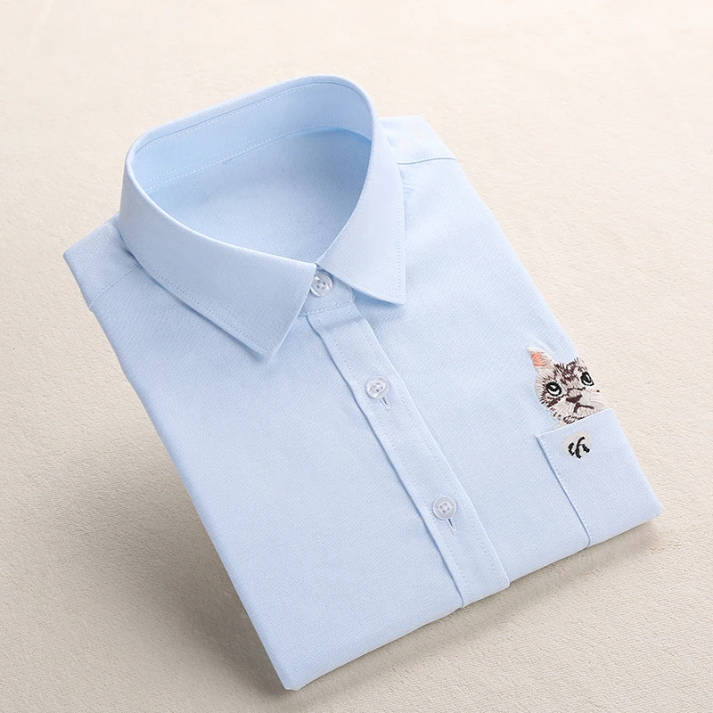 Женская хлопковая Элегантная блузка с длинным рукавом, Повседневная рубашка с изображением животных, вышитая кошка, белая вышитая блузка с изображением кота размера плюс Dioufond