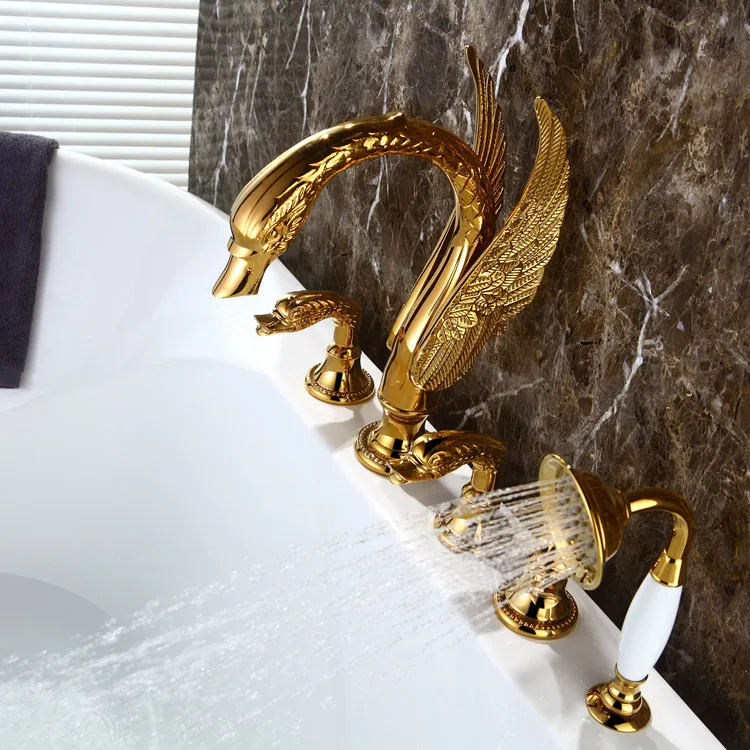 5 Pcs widespread Swan tub shower Faucet mixer tap gold clour bathtub shower faucet swan handles deck mounted