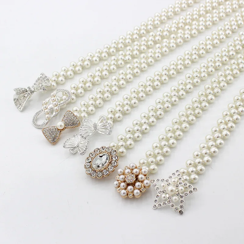 

2019 New Fashion Elegant Women Pearl Belt Waist Elastic Buckle Pearl Chain Belts Female Girls Dress Crystal Strap